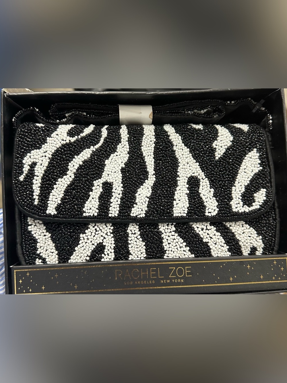 NWT Rachel Zoe, zebra printed beaded zebra print handbag clutch purse